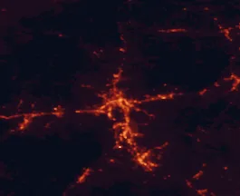Satellite night-light map of the 50 km around Asheville, with Woodfin, Hendersonville and Black Mountain marked