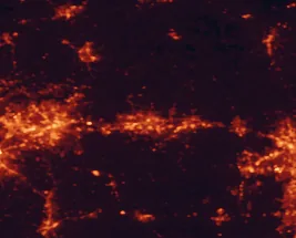 Satellite night-light map of the 50 km around Burlington, with Greensboro, Chapel Hill and Graham marked