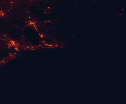 Satellite night-light map of the 100 km around Cape Lookout National Seashore, with Jacksonville, New Bern and Havelock marked