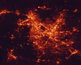 Satellite night-light map of the 50 km around Cary, with Raleigh, Durham and Apex marked