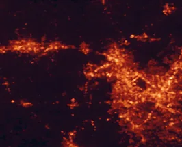 Satellite night-light map of the 50 km around Chapel Hill, with Durham, Raleigh and Cary marked