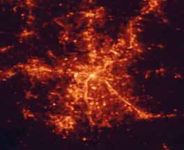 Satellite night-light map of the 50 km around Charlotte, with Concord, Gastonia and Huntersville marked