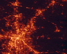 Satellite night-light map of the 50 km around Concord, with Charlotte, Kannapolis and Huntersville marked