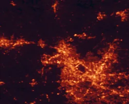 Satellite night-light map of the 50 km around Durham, with Raleigh, Cary and Chapel Hill marked