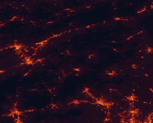 Satellite night-light map of the 100 km around Elk Knob State Park, with Johnson City, Asheville and Boone marked