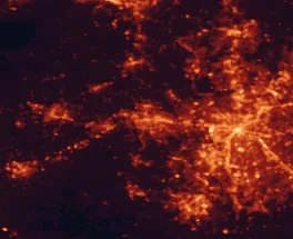 Satellite night-light map of the 50 km around Gastonia, with Charlotte, Rock Hill and Huntersville marked