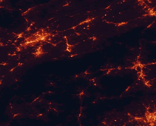 Satellite night-light map of the 100 km around Great Smoky Mountains National Park, with Knoxville, Asheville and Greenville marked