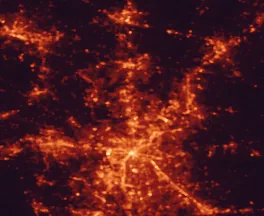 Satellite night-light map of the 50 km around Huntersville, with Charlotte, Concord and Gastonia marked