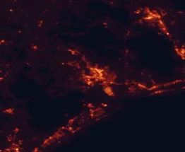 Satellite night-light map of the 50 km around Jacksonville, with Piney Green, New Bern and Half Moon marked