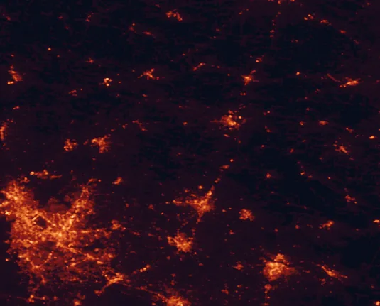 Satellite night-light map of the 100 km around Medoc Mountain State Park, with Raleigh, Durham and Cary marked