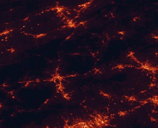 Satellite night-light map of the 100 km around Mount Mitchell State Park, with Asheville, Johnson City and Kingsport marked