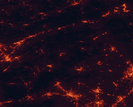 Satellite night-light map of the 100 km around New River State Park, with Johnson City, Hickory and Boone marked