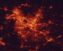 Satellite night-light map of the 50 km around Raleigh, with Cary, Durham and Garner marked