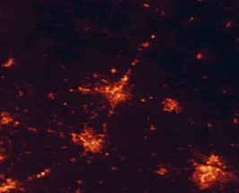 Satellite night-light map of the 50 km around Rocky Mount, with Greenville, Wilson and Tarboro marked