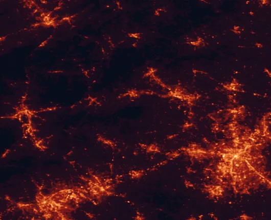 Satellite night-light map of the 100 km around South Mountains State Park, with Charlotte, Gastonia and Asheville marked