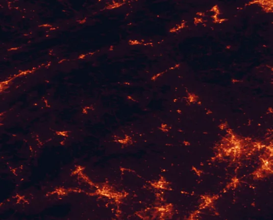 Satellite night-light map of the 100 km around Stone Mountain State Park, with Winston-Salem, High Point and Hickory marked