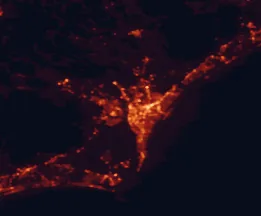Satellite night-light map of the 50 km around Wilmington, with Leland, Masonboro and Murraysville marked