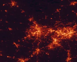 Satellite night-light map of the 50 km around Winston-Salem, with Greensboro, High Point and Kernersville marked