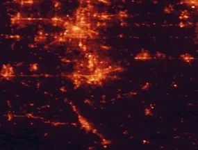 Satellite night-light map of the 50 km around Canton, with Akron, Massillon and Cuyahoga Falls marked