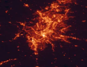 Satellite night-light map of the 50 km around Cincinnati, with Covington, Hamilton and Norwood marked