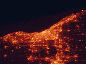 Satellite night-light map of the 50 km around Cleveland, with Parma, Akron and Lakewood marked