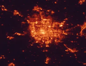 Satellite night-light map of the 50 km around Columbus, with Upper Arlington, Grove City and Dublin marked