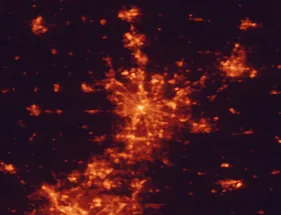 Satellite night-light map of the 50 km around Dayton, with Kettering, Beavercreek and Huber Heights marked