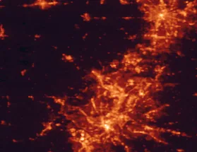 Satellite night-light map of the 50 km around Hamilton, with Cincinnati, Fairfield and Dayton marked