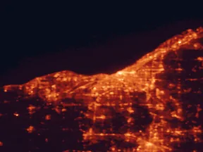 Satellite night-light map of the 50 km around Lakewood, with Cleveland, Parma and Akron marked