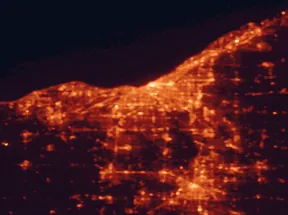 Satellite night-light map of the 50 km around Parma, with Cleveland, Akron and Lakewood marked