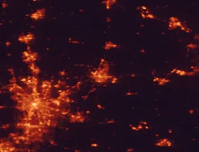 Satellite night-light map of the 50 km around Springfield, with Dayton, Kettering and Beavercreek marked