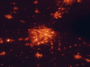 Satellite night-light map of the 50 km around Toledo, with Oregon, Perrysburg and Sylvania marked