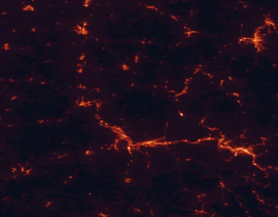 Satellite night-light map of the 100 km around Wayne National Forest, with Meads, Huntington and Ashland marked