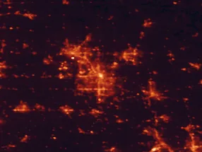Satellite night-light map of the 50 km around Youngstown, with Boardman, Austintown and Warren marked