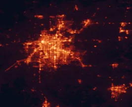 Satellite night-light map of the 50 km around Broken Arrow, with Tulsa, Owasso and Bixby marked