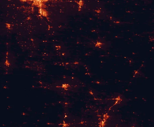 Satellite night-light map of the 100 km around Chickasaw National Recreation Area, with Norman, Moore and Ardmore marked
