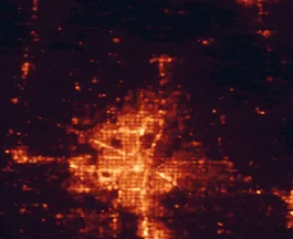 Satellite night-light map of the 50 km around Edmond, with Oklahoma City, Midwest City and Moore marked