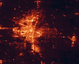 Satellite night-light map of the 50 km around Midwest City, with Oklahoma City, Norman and Edmond marked