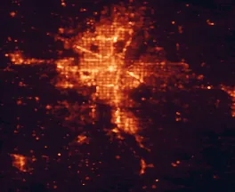 Satellite night-light map of the 50 km around Moore, with Oklahoma City, Norman and Midwest City marked