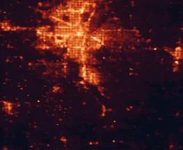 Satellite night-light map of the 50 km around Norman, with Oklahoma City, Moore and Midwest City marked