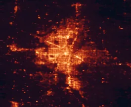 Satellite night-light map of the 50 km around Oklahoma City, with Norman, Edmond and Midwest City marked