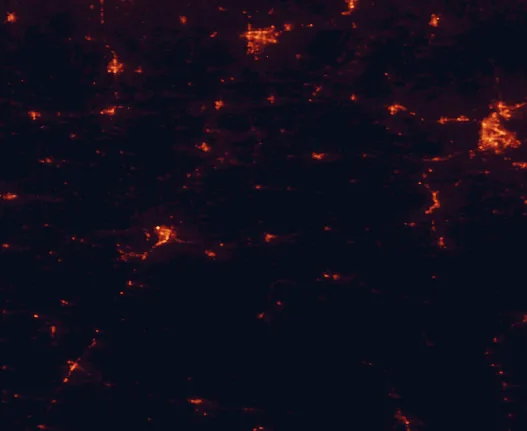 Satellite night-light map of the 100 km around Robbers Cave State Park, with Fort Smith, Muskogee and McAlester marked