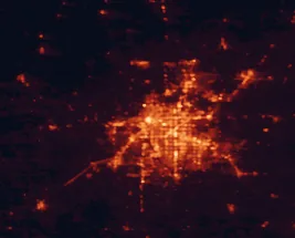 Satellite night-light map of the 50 km around Tulsa, with Broken Arrow, Owasso and Sand Springs marked