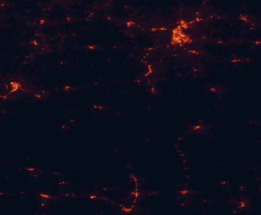 Satellite night-light map of the 100 km around Winding Stair Mountain National Recreation Area, with Fort Smith, Van Buren and McAlester marked