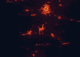 Satellite night-light map of the 50 km around Albany, with Salem, Corvallis and Keizer marked