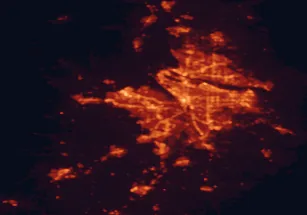 Satellite night-light map of the 50 km around Beaverton, with Portland, Vancouver and Hillsboro marked