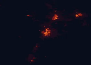 Satellite night-light map of the 50 km around Bend, with Redmond, Deschutes River Woods and Prineville marked