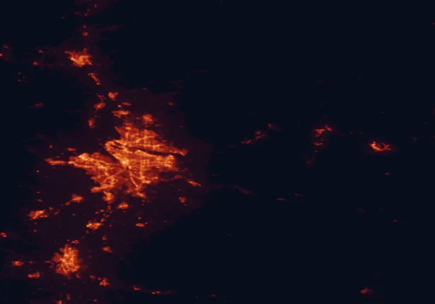 Satellite night-light map of the 100 km around Benson State Recreation Area, with Portland, Vancouver and Gresham marked