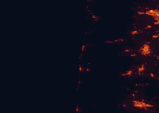 Satellite night-light map of the 100 km around Boiler Bay State Scenic Viewpoint, with Salem, Eugene and Hillsboro marked