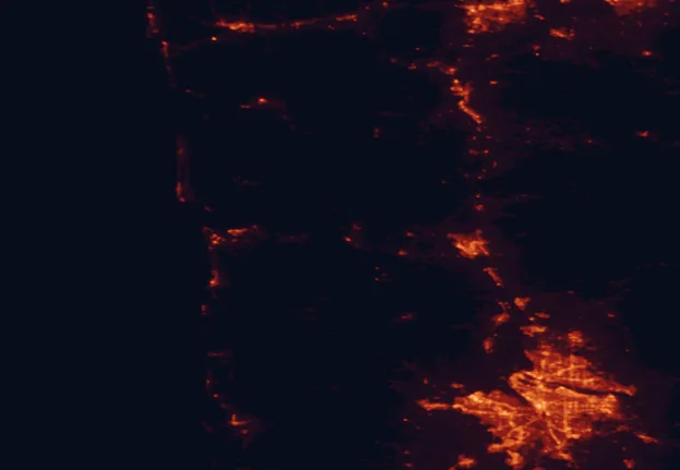 Satellite night-light map of the 100 km around Bradley State Scenic Viewpoint, with Portland, Vancouver and Hillsboro marked